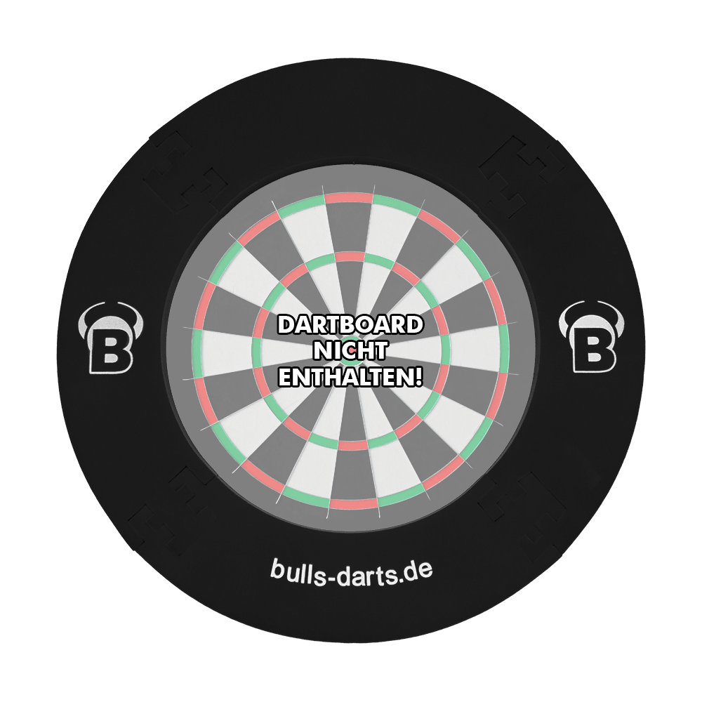 Das Bild zeigt das Produkt "Quarterback Surround", einen schwarzen Dartboard-Surround-Ring. In der Mitte steht der Hinweis: "Dartboard nicht enthalten!"